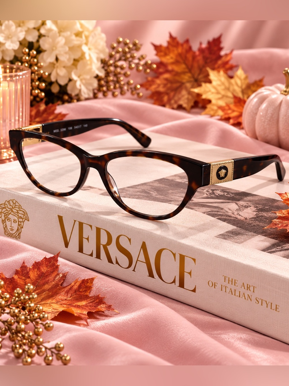 Versace VE3296 108 Havana Cat Eye Medusa Eyeglasses 54-17-140 Frames Italy